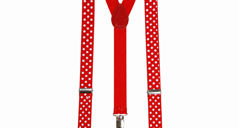 Rode bretels met witte stippen in Y-model met drie metalen clips voor een themafeest