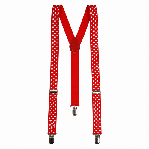 Rode bretels met witte stippen in Y-model met drie metalen clips voor een themafeest