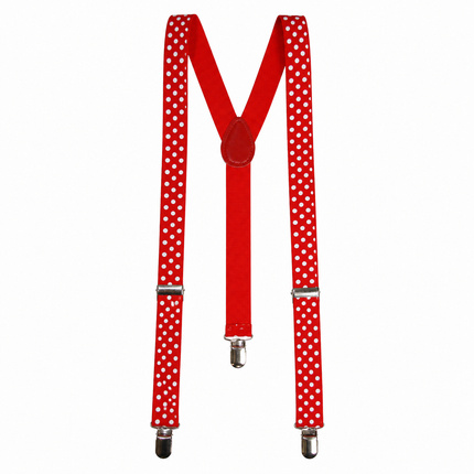 Rode bretels met witte stippen in Y-model met drie metalen clips voor een themafeest