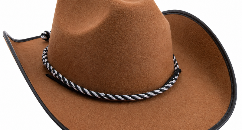 Bruine cowboyhoed Martijn met een contrasterende zwarte randbies en een geknoopt zwart-wit koord om de bol