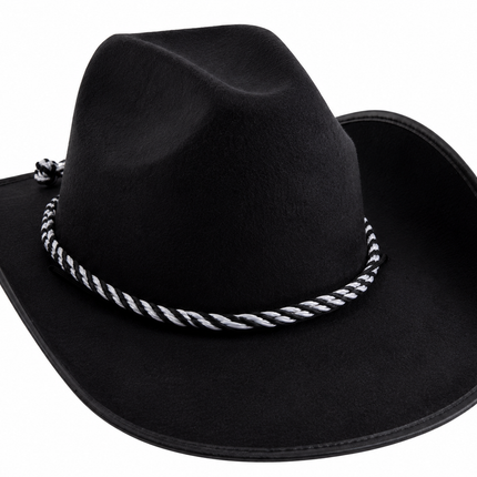 Zwarte cowboyhoed Martijn met een zwarte bies langs de opgekrulde rand en een zwart-wit koord voor een westernfeest
