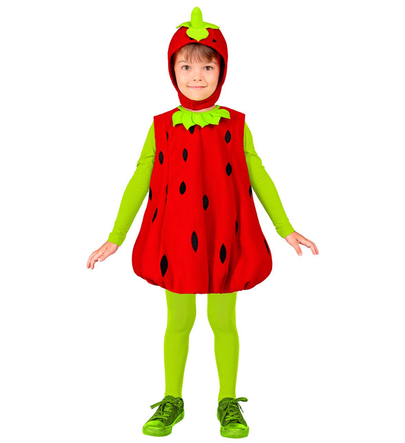 Aardbeienpakje kind met groen steeltje op het hoofddeksel, gedragen over een groene maillot