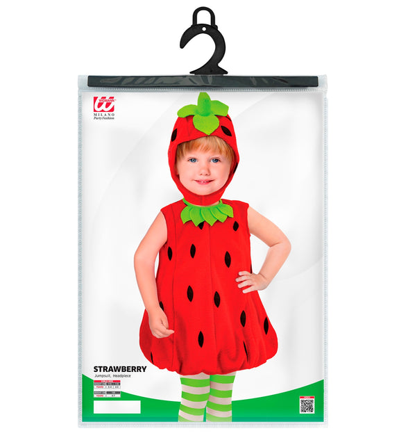 Aardbeienpakje voor kinderen in verpakking met jumpsuit en hoofddeksel, kindermaten 110 tot 128 cm