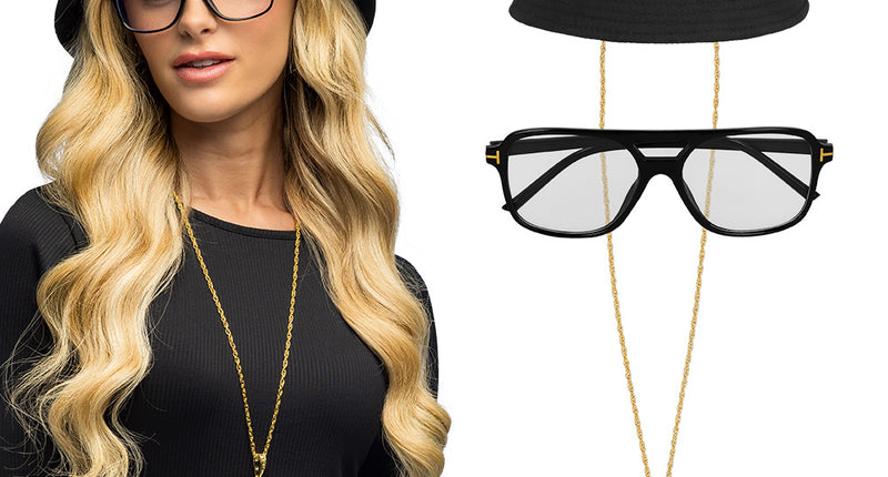 Accessoireset rapper hip hop met zwarte vissershoed, zwarte partybril en gouden dollarketting los en gedragen