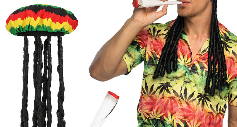 Accessoireset Rasta Reggae Jamaica met gestreepte muts, dreadlocks, gele bril en nepsigaret, los en gedragen