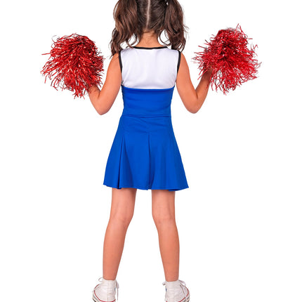 Achterkant van de blauwe cheerleaderjurk met wit bovenstuk en diepe plooien in de rok