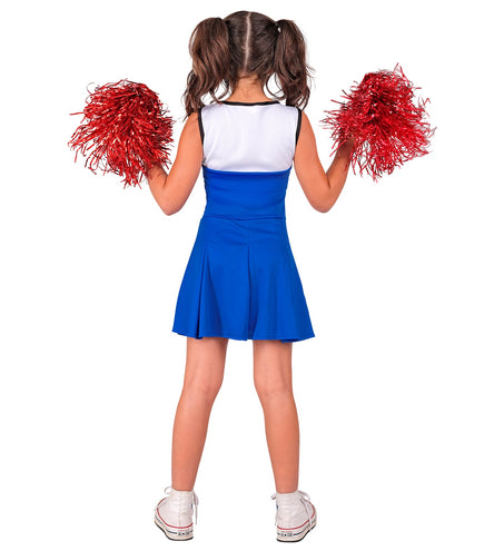 Achterkant van de blauwe cheerleaderjurk met wit bovenstuk en diepe plooien in de rok