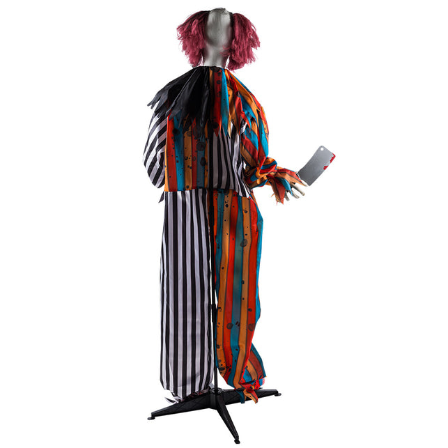Achterkant van de Clown Butcher decoratie met rood haar, gerafelde kraag en standaard op kruisvoet