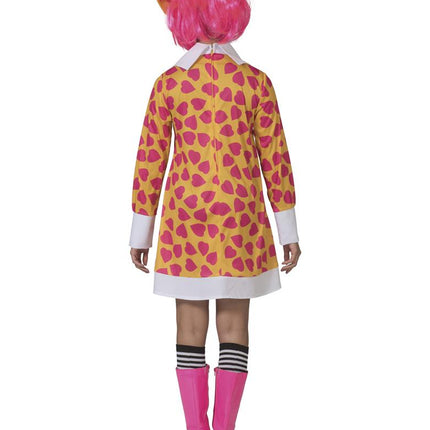 Achterkant van het clown kostuum Ciolina dames met witte kraag, witte zoomband en hartjesprint over de hele jurk