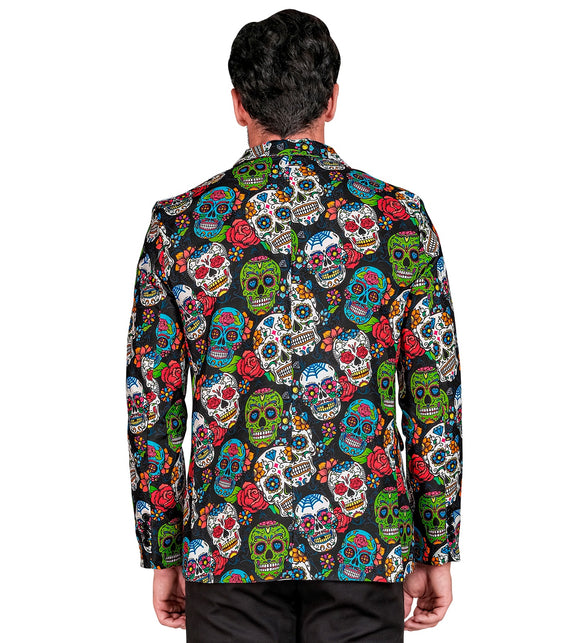 Achterkant colbert day of the dead Skully met doorlopende schedel- en bloemenprint op zwart