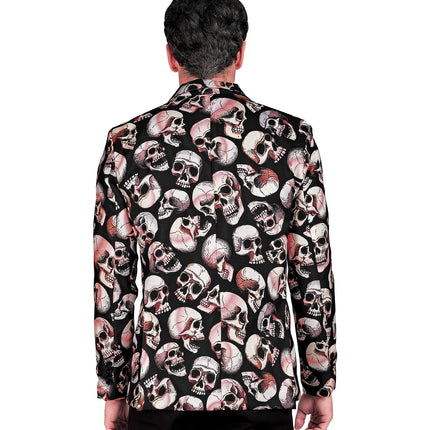 Achterkant van het colbert schedels Happy met doorlopende doodskoppenprint
