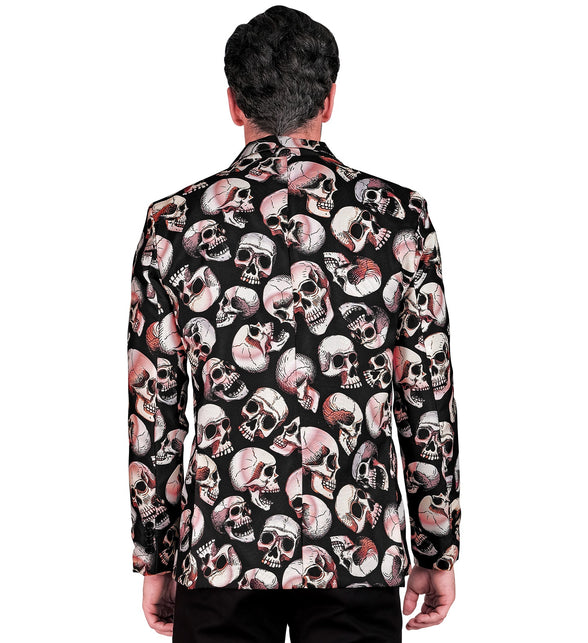 Achterkant van het colbert schedels Happy met doorlopende doodskoppenprint