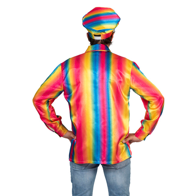 Achterkant van het Disco Shirt Rainbow heren met roze, gele en blauwe banen en fijne stipjes voor Pride