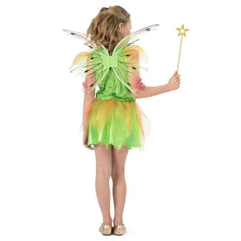 Achterkant van Elf Mila met fluweelachtig groen lijfje en puntige tule rok voor een sprookjesfeest