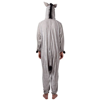 Achterkant ezel onesie met zwarte manen op de capuchon en pluizige staart