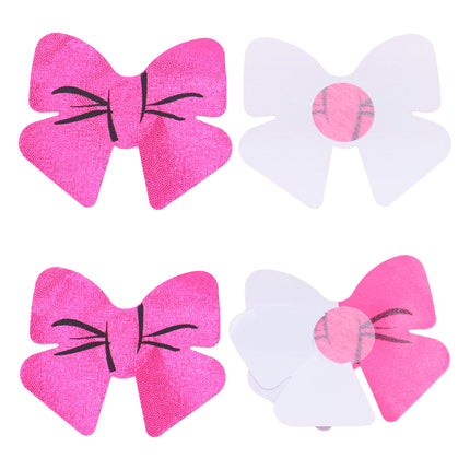 Voor- en achterkant van de fuchsia strikstickers met witte afdeklaag en rond roze middenstuk