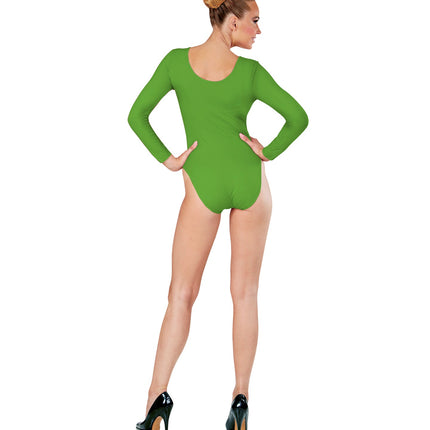 Achterkant van de groene body voor dames met ronde rughals en lange mouwen