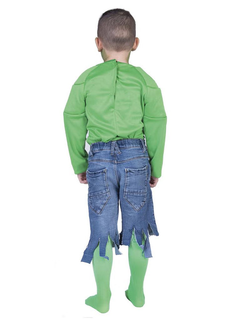 Achterkant van het groene spierballen shirt met naad over de rug en sluiting in de nek