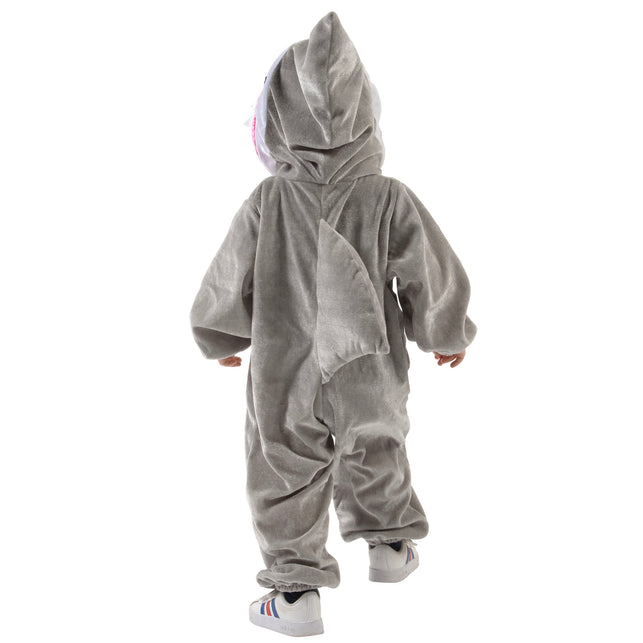 Achterkant haaienpakje met stoffen rugvin op de rug, grijze jumpsuit voor carnaval