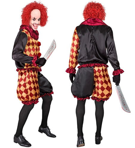 Achterkant horror clown kostuum Lars met zwart rugpand en geruchte boord aan de pofbroek
