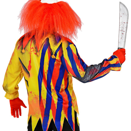Achterkant van het horror clown shirt psycho met blauw-rode strepen en gepunte zigzagzoom