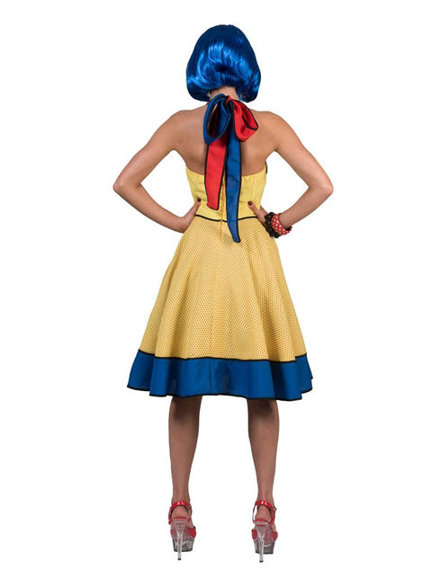 Achterkant van de jurk Pop art kostuum met in de nek gestrikt rood-blauw halterbandje
