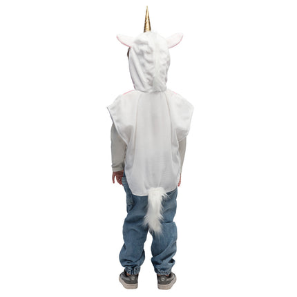 Achterkant kinderponcho eenhoorn met pluizige witte afneembare staart en oortjes met roze binnenkant