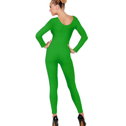 Achterkant van de lange groene body met lage ronde rug en pijpen tot de enkel