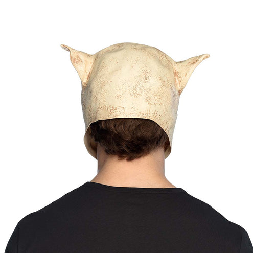 Achterkant van het latex hondenschedelmasker met open nek en rechtopstaande oren