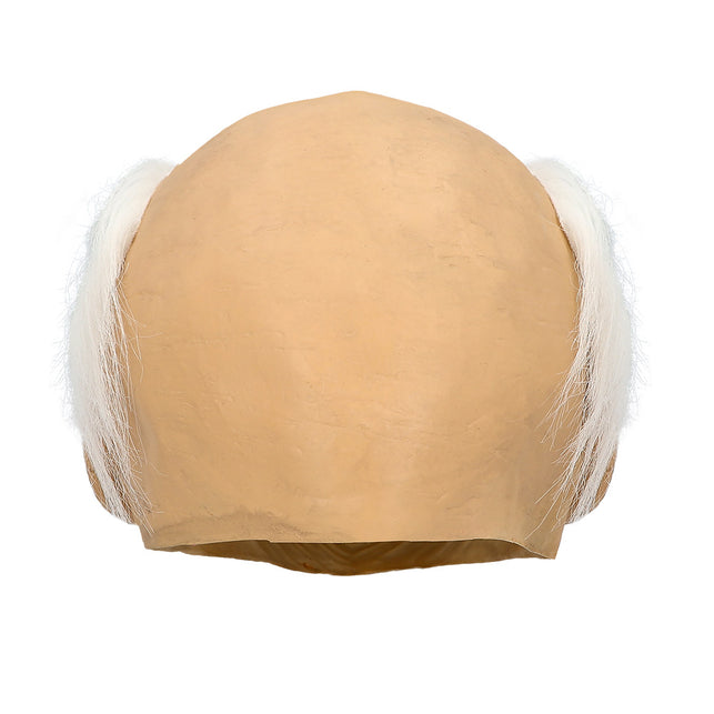 Achterkant latex hoofdmasker oude man, kale latex schedel met witte haarlokken langs de rand