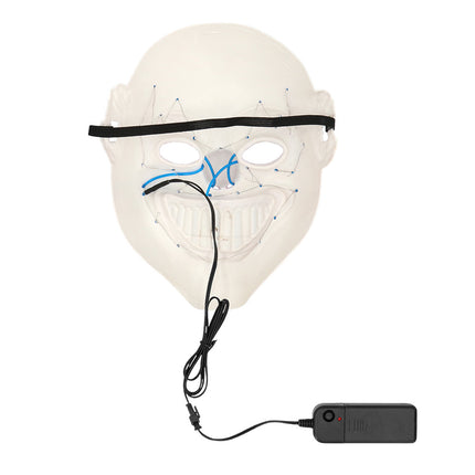 Achterkant van het LED masker Clown horror met zwarte hoofdband en zichtbare bedrading van de lichtlijnen