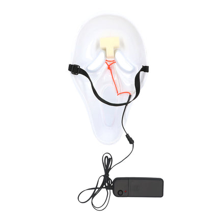 Achterkant van het LED masker Spook wit met zwarte band met gesp, spons op het voorhoofd en bedrading