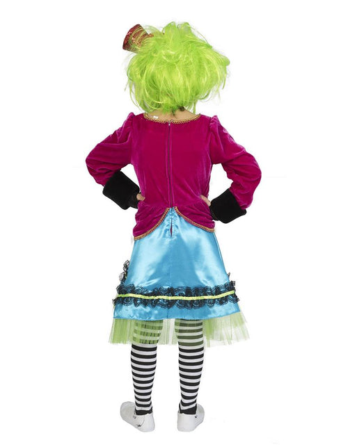 Achterkant van het Mad Hatter meisjespak met rits in de roze jas, voor carnaval
