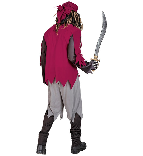 Achterkant piraat skelet kostuum Jack met bordeauxrood vest in punten en grijze broek