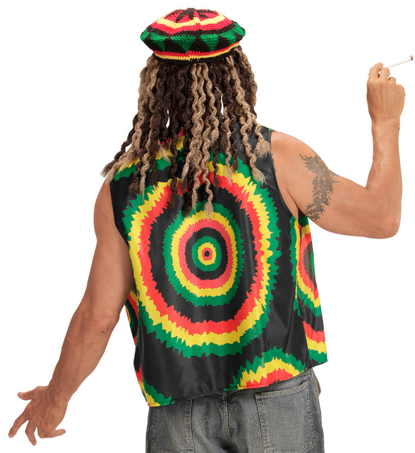 Achterkant van het rasta vest met grote concentrische cirkels in groen, geel en rood op zwart
