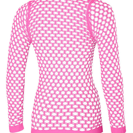 Achterkant van het roze visnet shirt met naadloos gebreid netpatroon