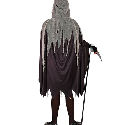 Achterkant van het Skelety magere hein kostuum met lange zwarte cape en grijze capuchon