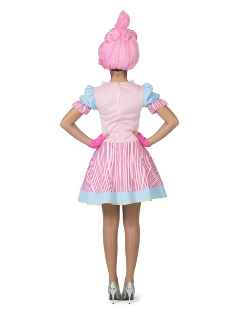 Achterkant van de snoepjurk Christy met rugsluiting en roze gestreepte rok