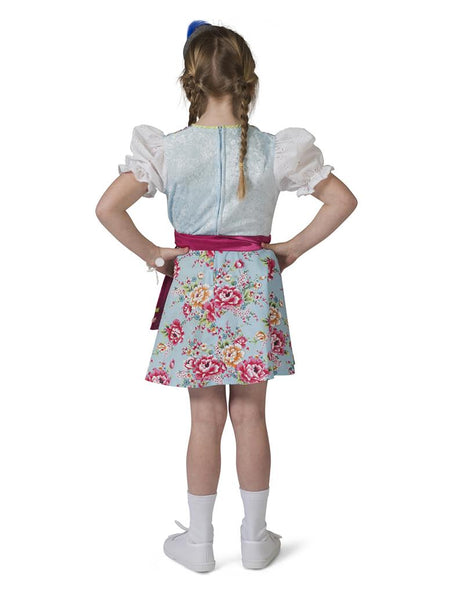 Achterkant van het Tiroler jurkje Greta met sluiting op de rug en wijd uitlopende bloemenrok