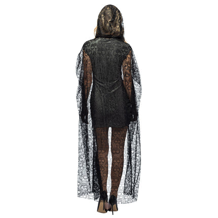 Achterzijde van de cape Midnight fiesta met doorschijnend doodskop- en webpatroon voor Halloween