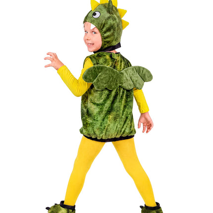 Achterzijde drakenpak kinderen met groene vleugels op de rug en gele kam op de kap