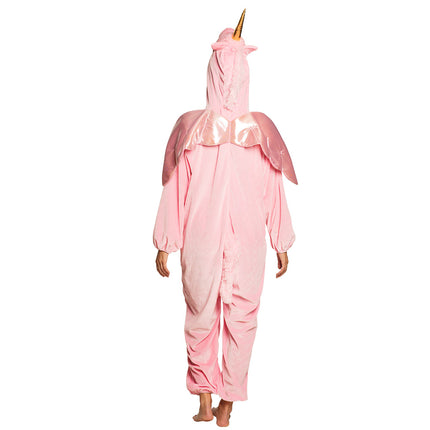 Achterzijde eenhoorn onesie met glanzende vleugels, manenstreep en pluchen staart