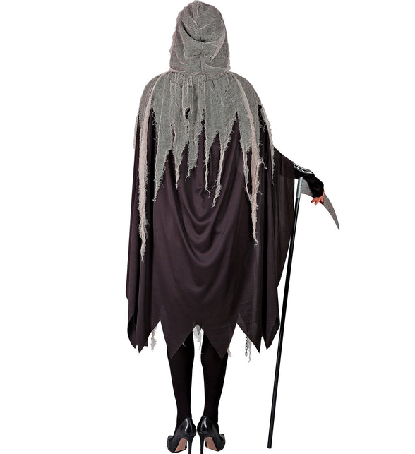 Achterzijde grimreaper kostuum dames met gerafelde grijze gaascape en punten onderaan