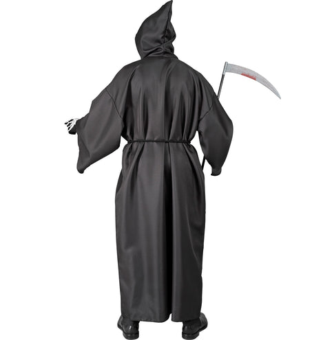 Achterzijde grimreaper mantel zwart met hoge punt in de kap en glad vallende polyester stof
