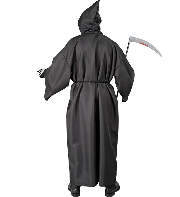 Achterzijde grimreaper mantel zwart met hoge punt in de kap en glad vallende polyester stof