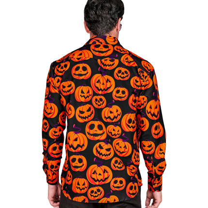 Achterzijde halloween blouse pompoen met grijnzende pompoengezichten op zwarte stof