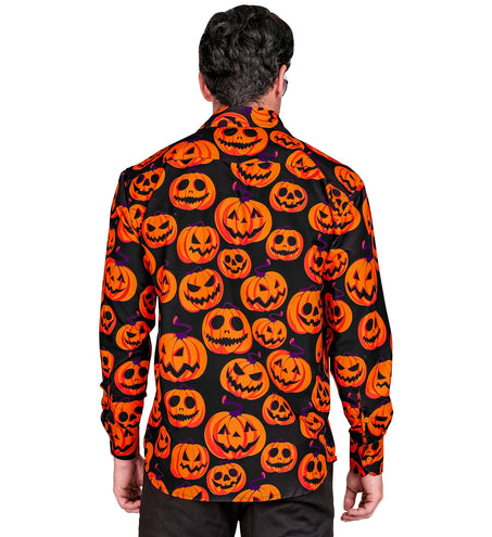 Achterzijde halloween blouse pompoen met grijnzende pompoengezichten op zwarte stof
