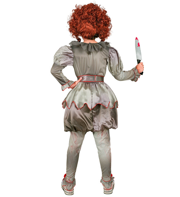 Achterzijde killer clown jurk met golvende zoom, rode bies en overzetschoenen met pompon