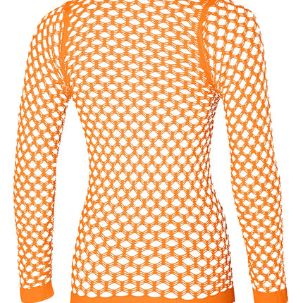 Achterzijde van het neonoranje netshirt met doorlopend netpatroon en geribde manchetten