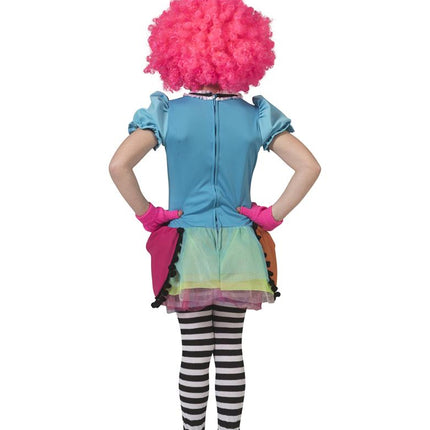 Achterzijde van het regenboog clownsjurkje met rits over de hele rug en tule in pastelkleuren